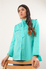 Ladies Lawn Button down shirt adorned with bowed neck with pintucks and frill