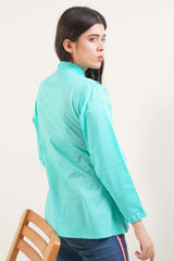 Ladies Lawn Button down shirt adorned with bowed neck with pintucks and frill