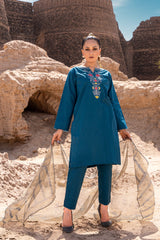 Embroidered 3PC Stitched Suit with Zarri Net Dupatta and Capry